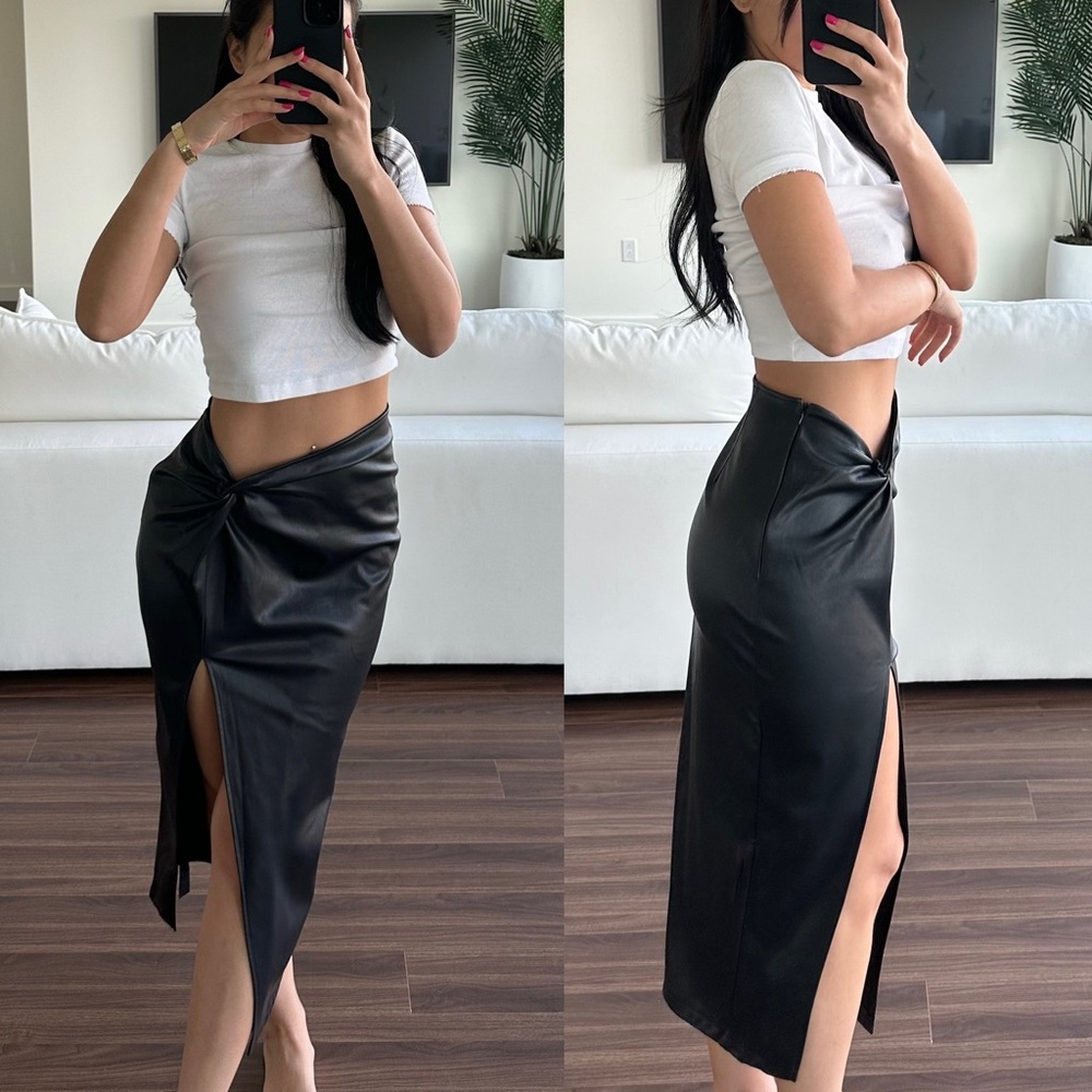 Top Shop Black faux leather midi skirt with tie front detail and side zipper